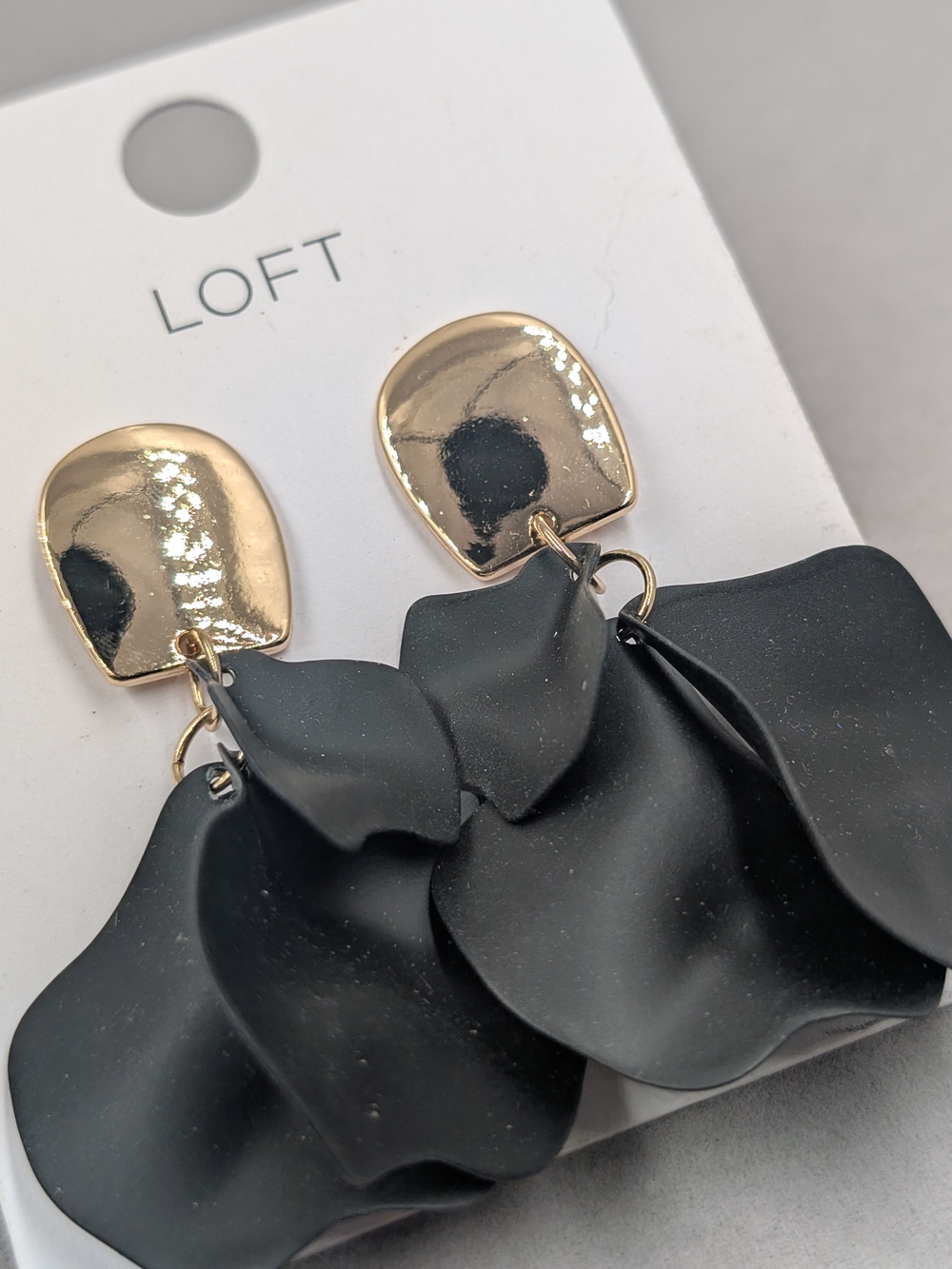 LOFT Black Sculptural Flower Petal Drop Earrings Gold Tone | 1222
